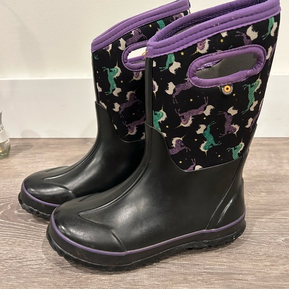 Bogg Unicorn Print Black and Purple Rain Boots - Picture 1 of 6